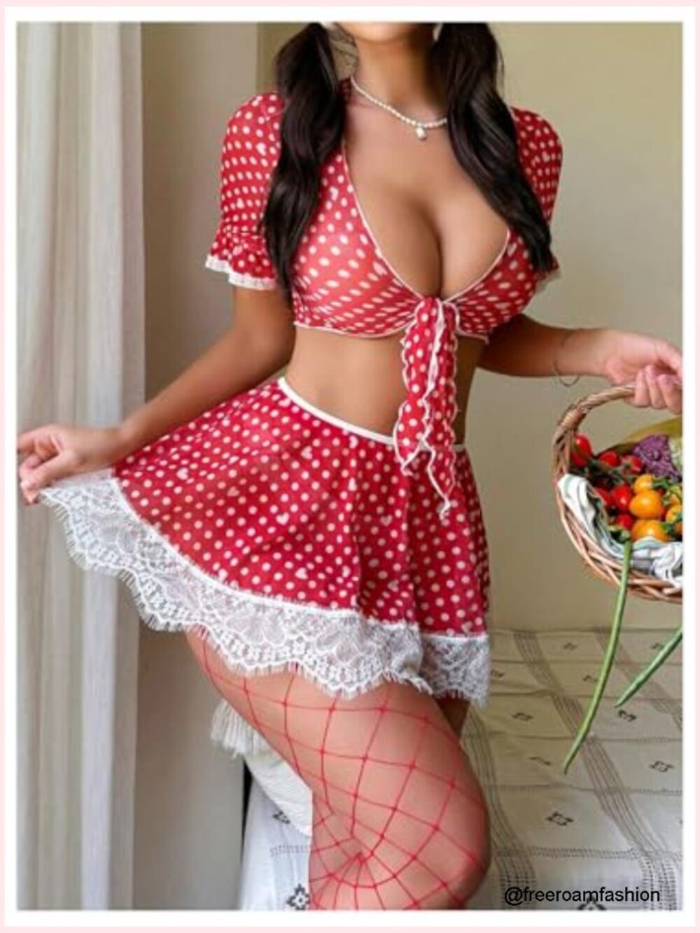 2-Piece Lace Lingerie Set with Front Tie Top and Pleated Skirt - Picture 3 of 5